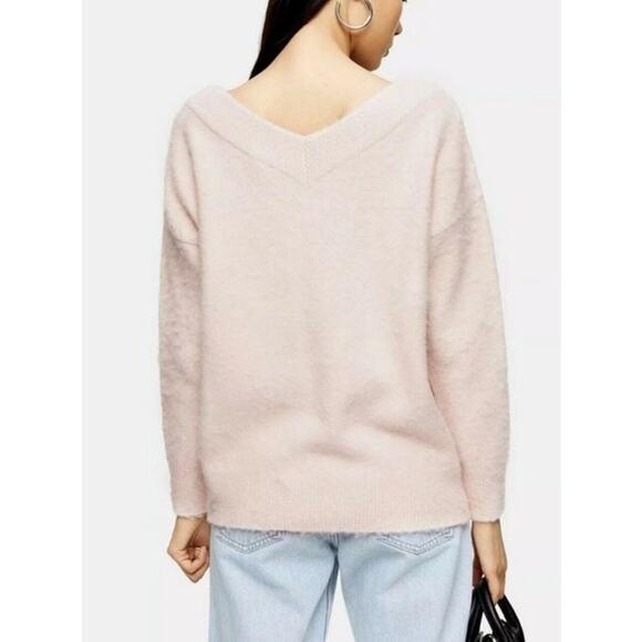 Topshop Pink V-Neck Knitted Brushed Bardot Fuzzy Pullover Sweater Women's 4/6 - Picture 3 of 7